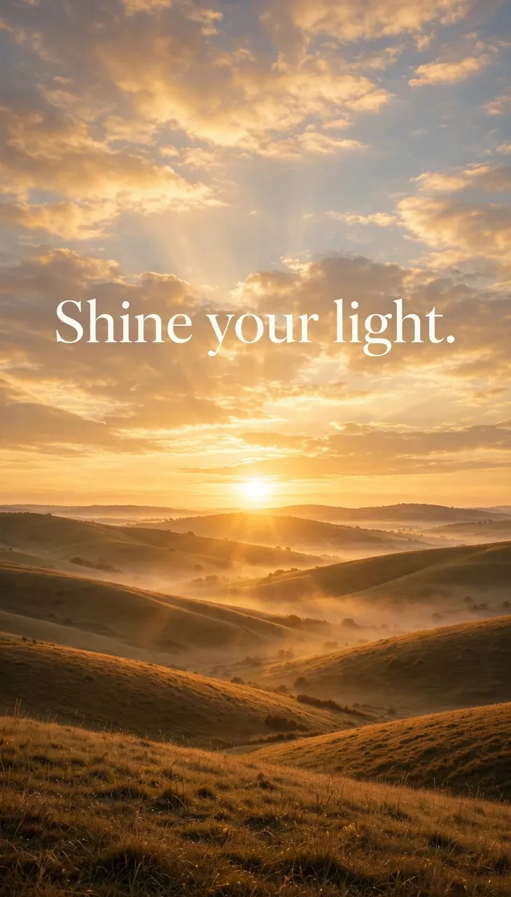 Golden sunrise over misty rolling hills with the text "Shine your light." in the sky