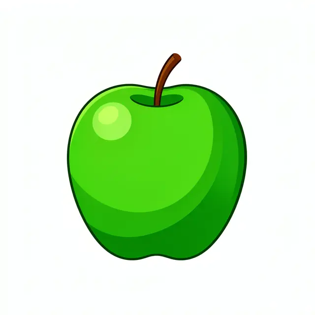 A flat clipart illustration of a shiny green apple with a short brown stem on a plain white background