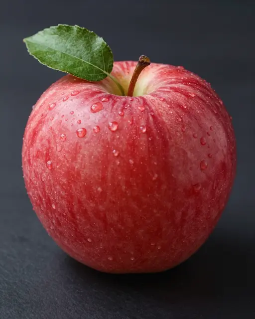 Fresh red apple with water droplets and a green leaf rests on a dark background