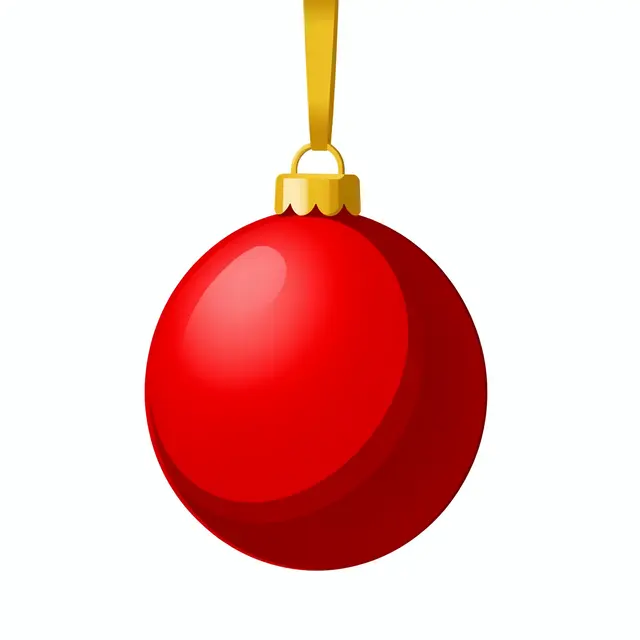 Glossy round red Christmas bauble hanging from a gold ribbon against a plain white background
