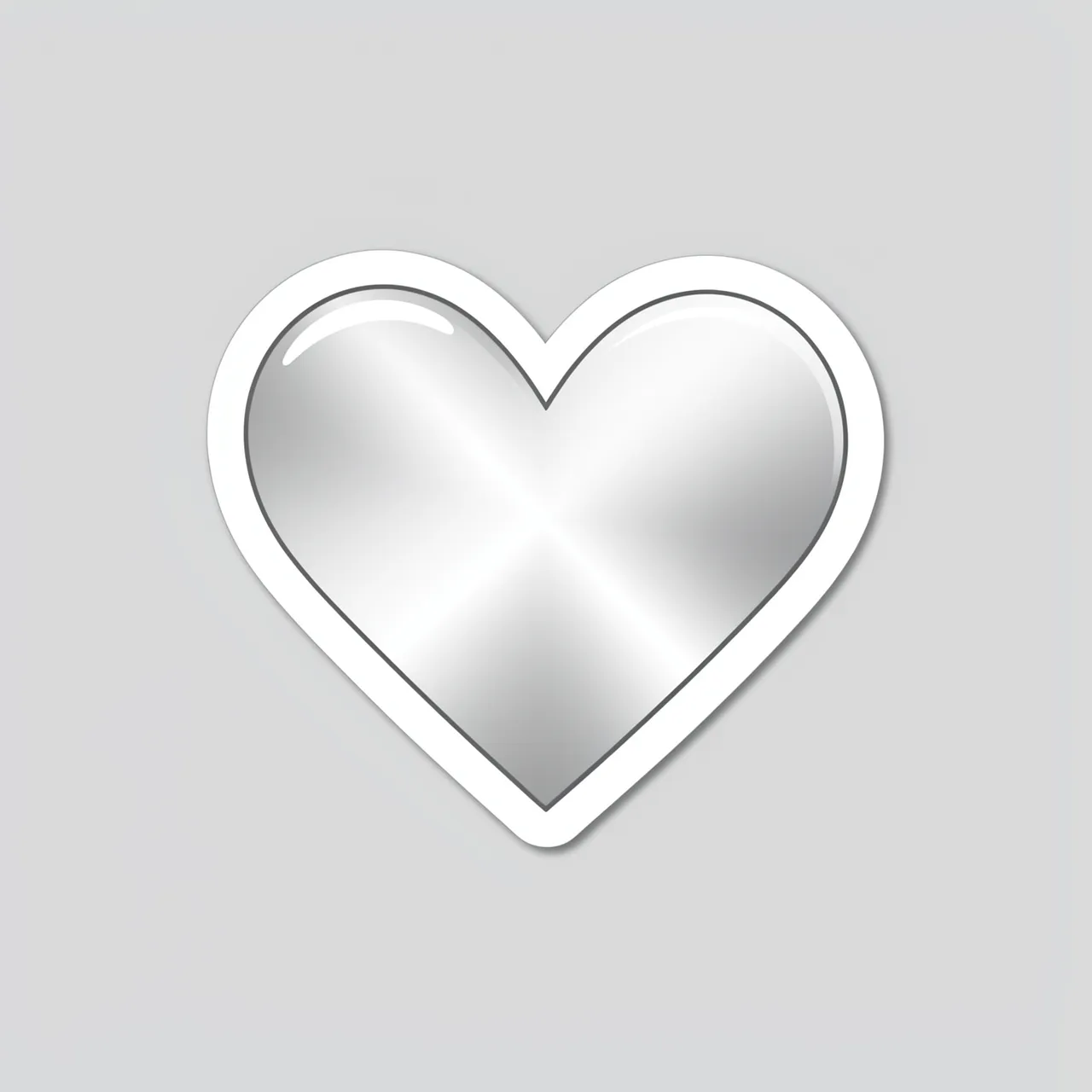 A die-cut sticker of a mirror-silver heart with a thick white border sits on a plain light gray background