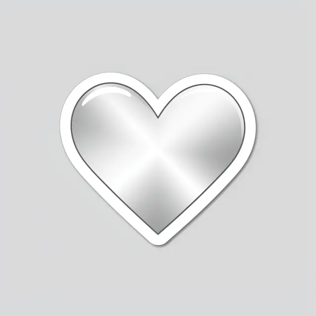 A die-cut sticker of a mirror-silver heart with a thick white border sits on a plain light gray background