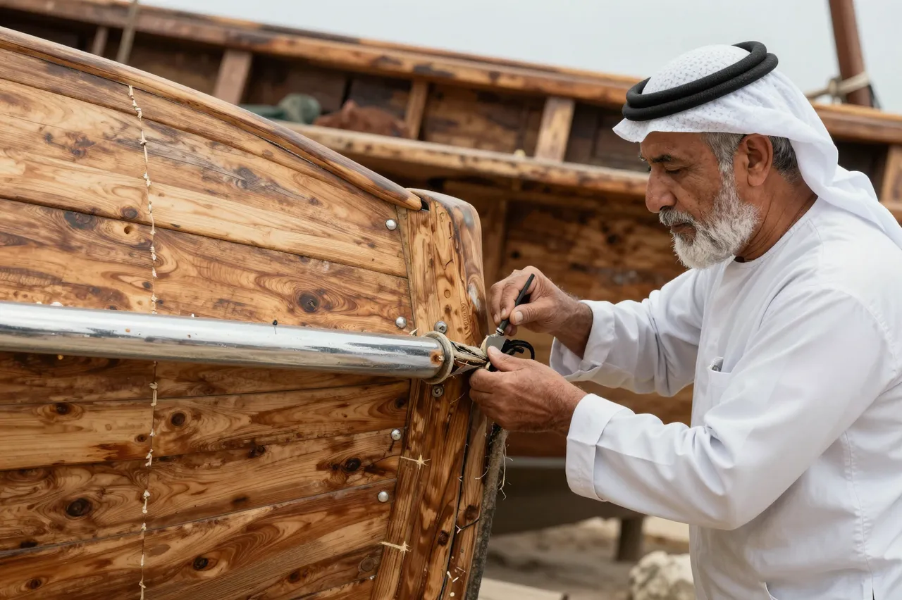 Senior Middle Eastern shipwright works on the hull of a traditional wooden boat