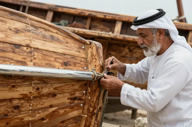 Senior Middle Eastern shipwright works on the hull of a traditional wooden boat