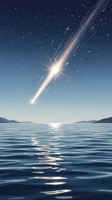 A bright shooting star streaks across a starry night sky above a calm rippled sea with distant coastal hills