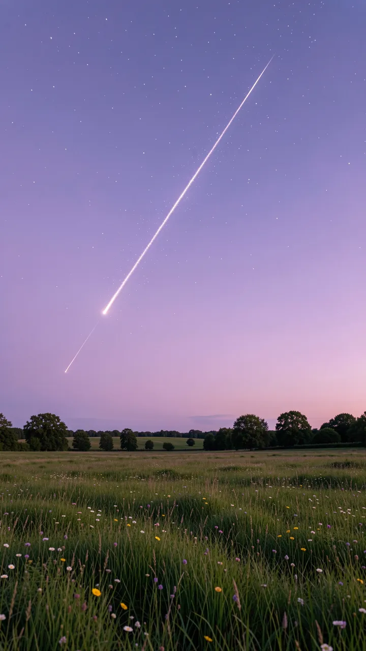 A bright shooting star streaks across a lavender dusk sky above a wildflower meadow