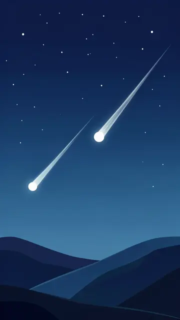 A vertical illustrated night sky with two shooting stars above rolling dark hills, with empty upper copy space.