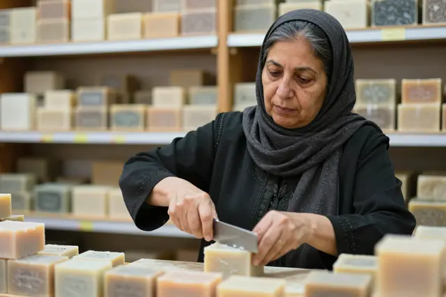 A senior Middle Eastern woman cuts a bar of handmade soap at her shop counter, with stacked soap on background shelves.