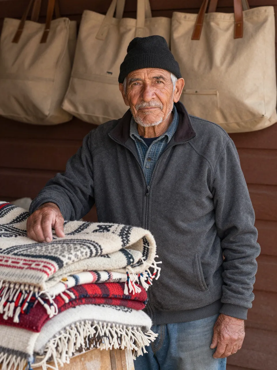 Senior Indigenous shop owner stands beside stacked wool blankets with canvas bags on the wall behind him