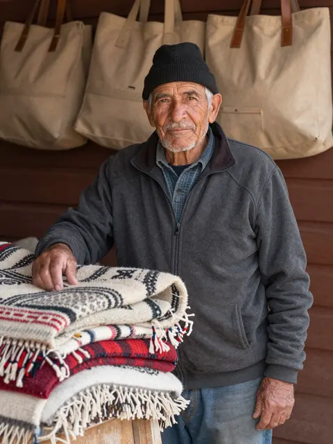 Senior Indigenous shop owner stands beside stacked wool blankets with canvas bags on the wall behind him