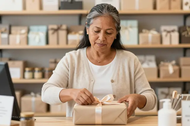 A mature Pacific Islander woman ties a ribbon on a kraft paper gift at her shop counter.