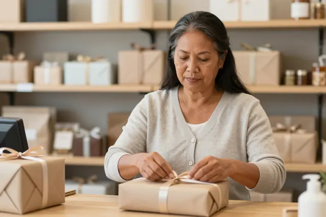 Mature Pacific Islander woman ties a ribbon on a kraft paper wrapped gift at her shop counter
