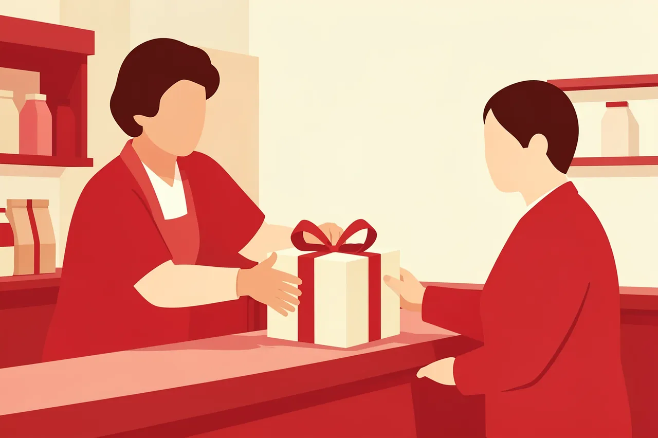 Faceless shopkeeper passes a wrapped cream gift box with red ribbon to a customer across a store counter