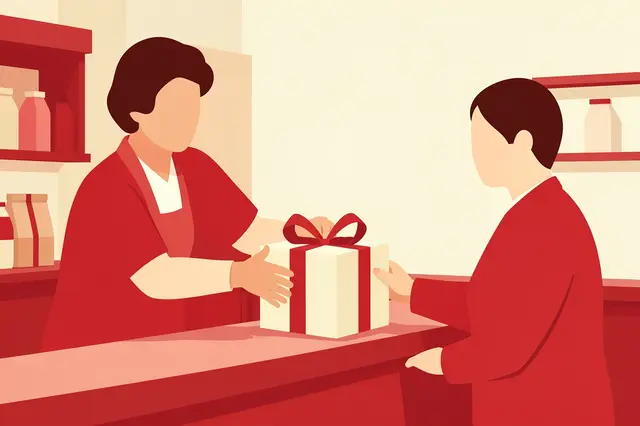 Faceless shopkeeper passes a wrapped cream gift box with red ribbon to a customer across a store counter