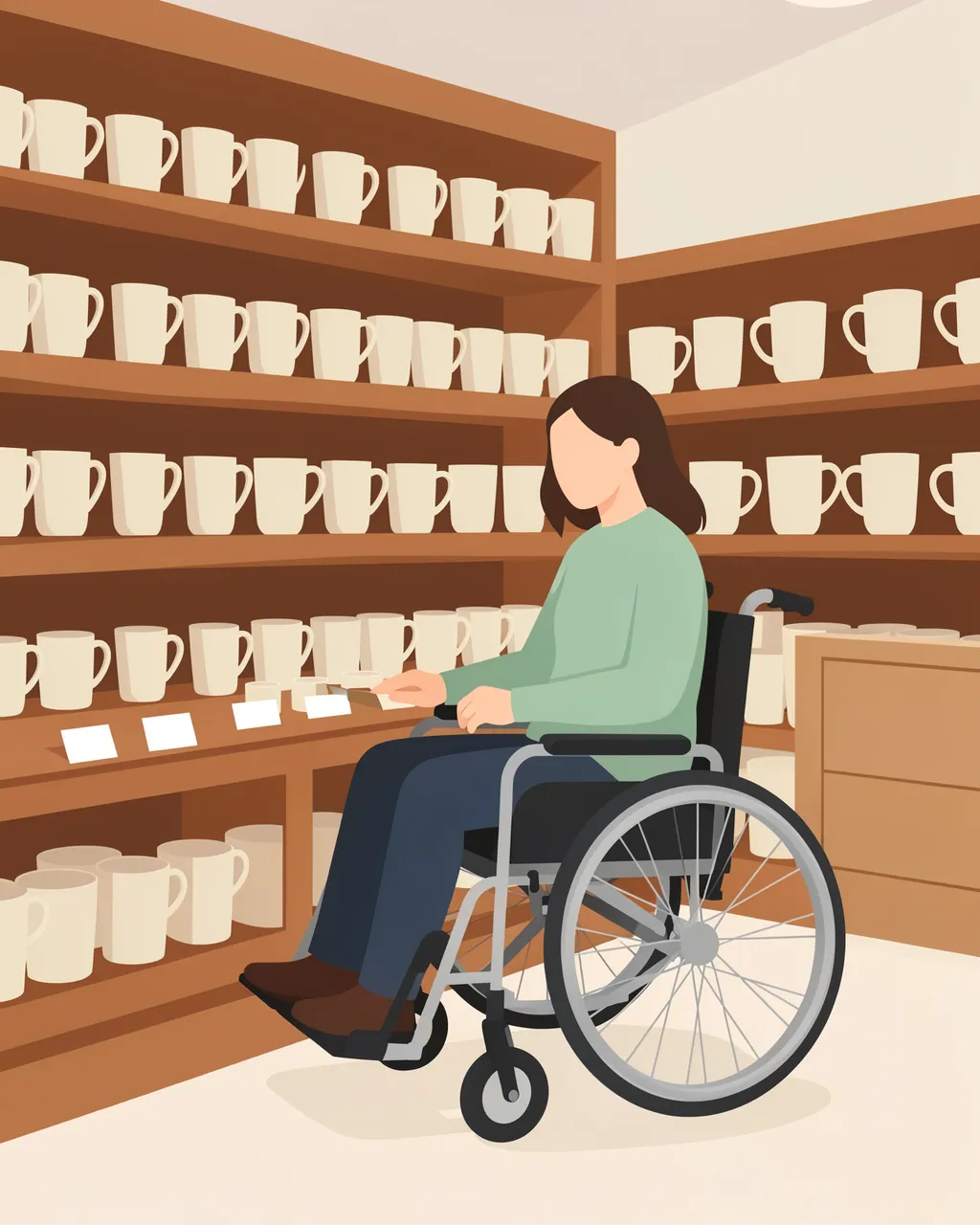 A faceless seated shopper in a wheelchair looks at plain ceramic mugs on gift shop shelves.