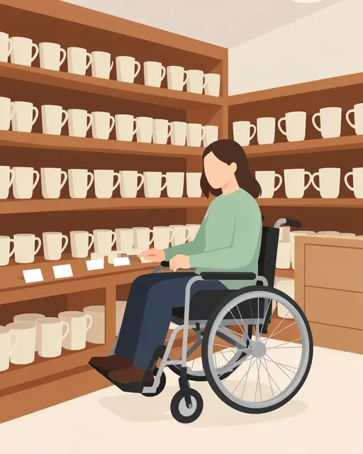 A faceless seated shopper in a wheelchair looks at plain ceramic mugs on gift shop shelves.