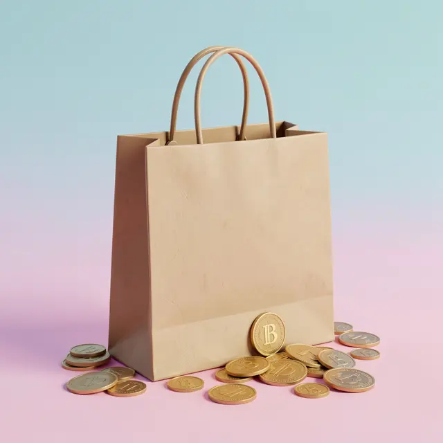 A kraft paper shopping bag sits surrounded by gold coins on a soft gradient pastel background