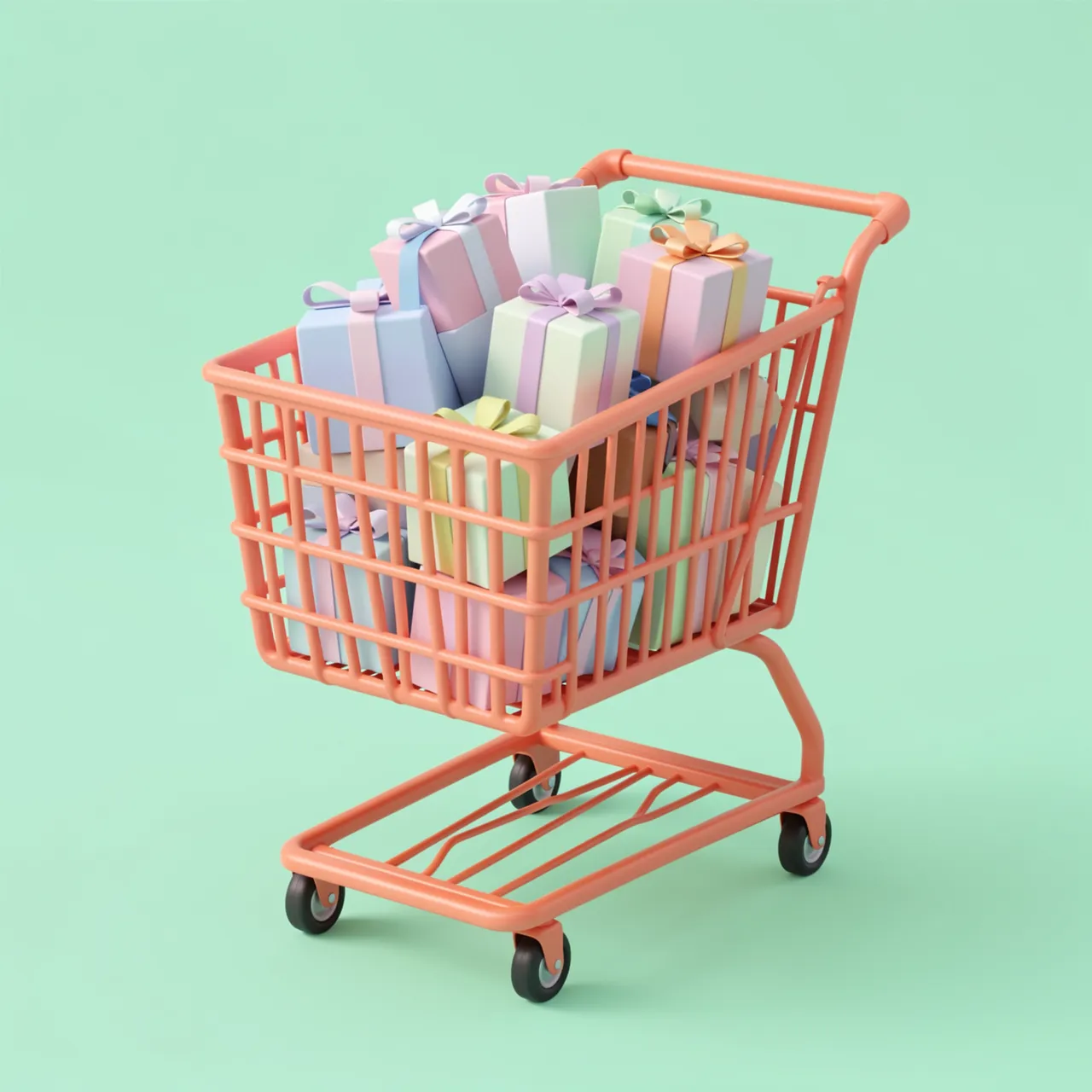 Coral miniature shopping cart filled with pastel gift boxes rests on a solid mint background