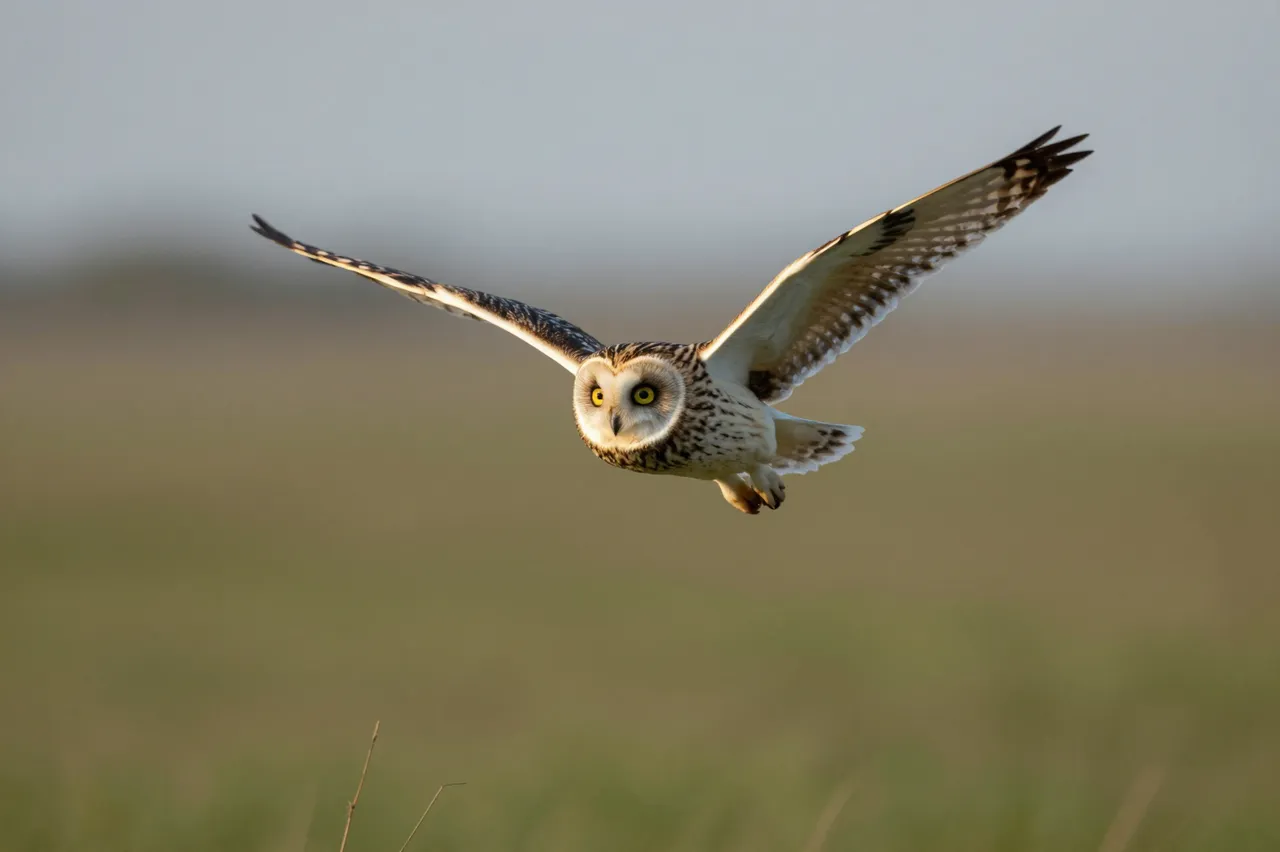 A short-eared owl flies low over a blurred meadow at dusk with wings fully spread