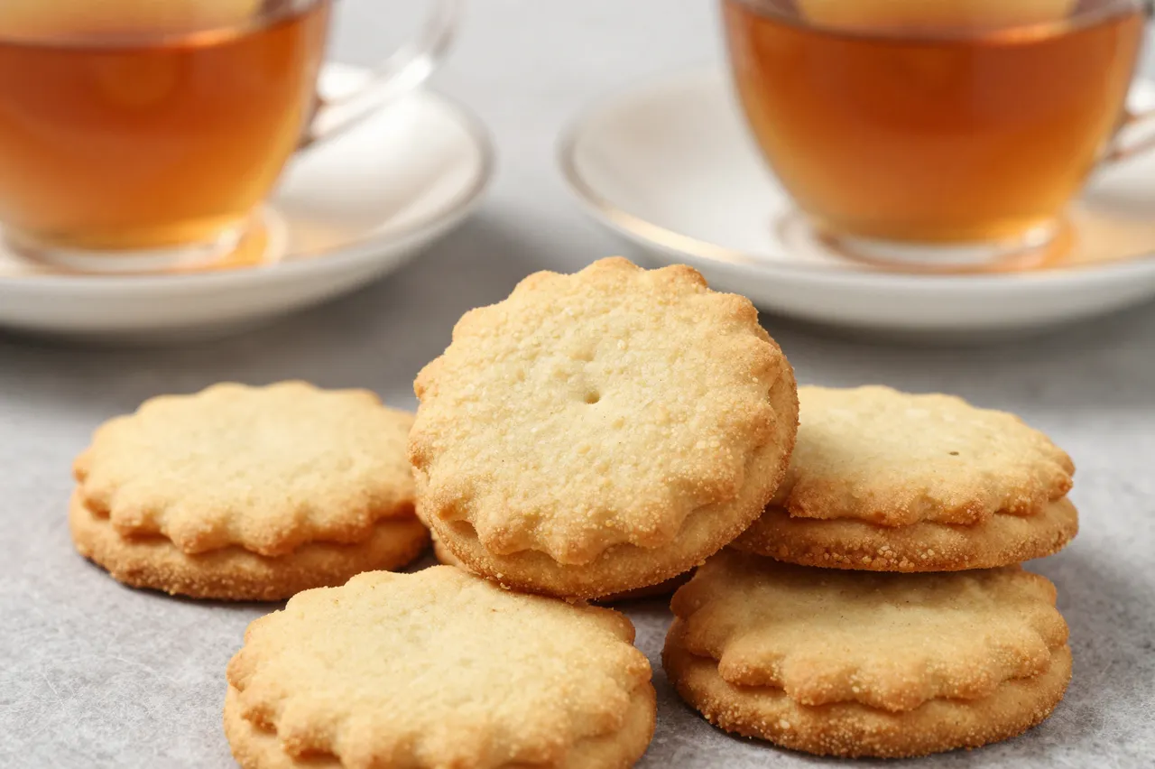 Scalloped shortbread cookies sit in the foreground with two glass cups of tea on saucers behind them on a light tabletop