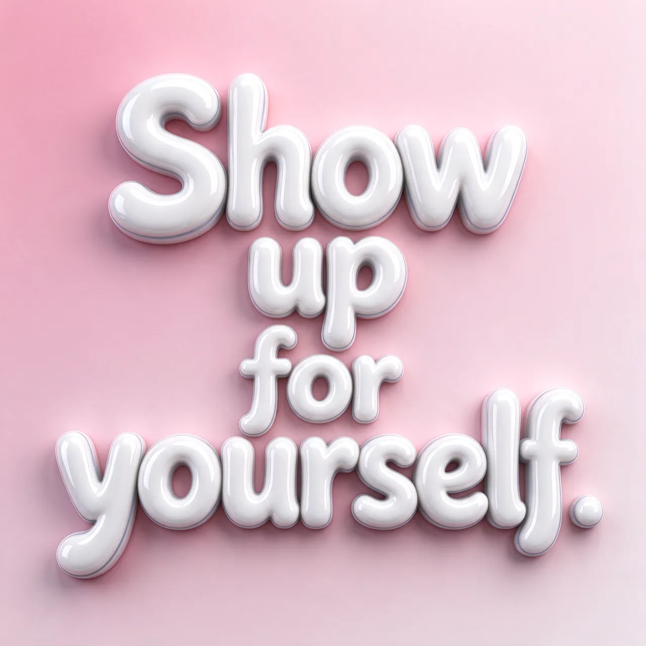 Glossy white 3D bubble lettering reading "Show up for yourself." on a soft pastel pink background