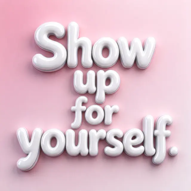 Glossy white 3D bubble lettering reading "Show up for yourself." on a soft pastel pink background