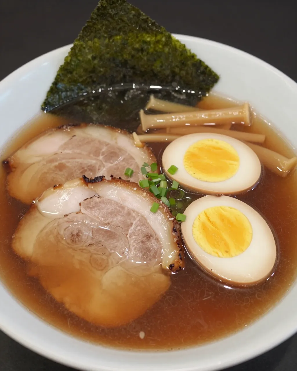 A close-up of a bowl of shoyu ramen topped with chashu, soft egg, nori and menma in clear brown broth