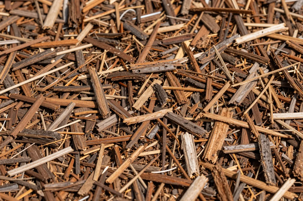 Close-up full frame view of dry shredded bark and wood chip garden mulch texture