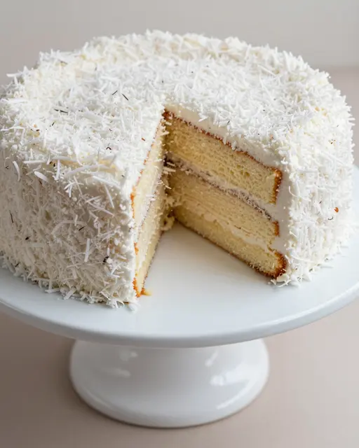 Coconut layer cake with one slice removed rests on a white ceramic cake stand under soft daylight.