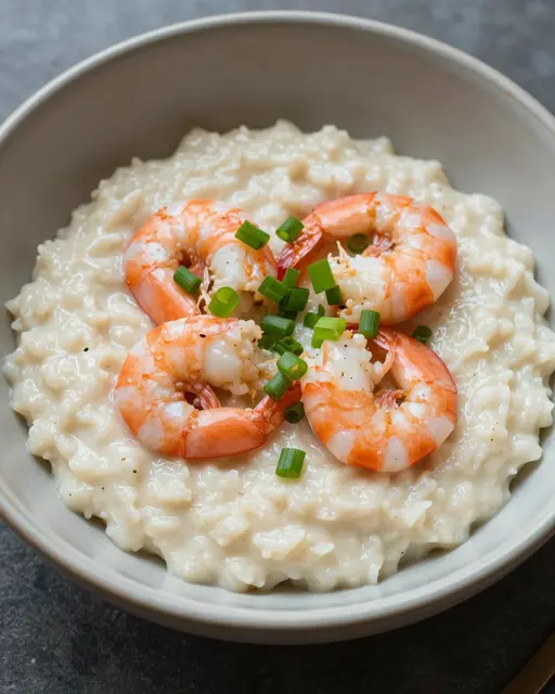 A close-up overhead view of creamy shrimp and grits topped with cooked shrimp and chopped scallions in a light gray bowl.