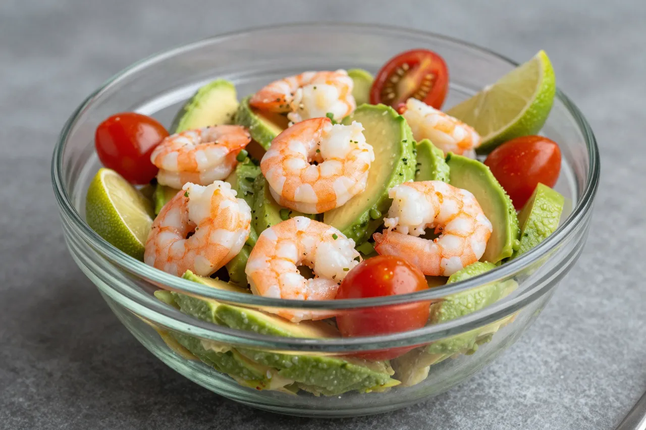 A clear glass bowl holds a fresh salad with cooked shrimp, avocado slices, cherry tomatoes and lime wedges on a gray surface.