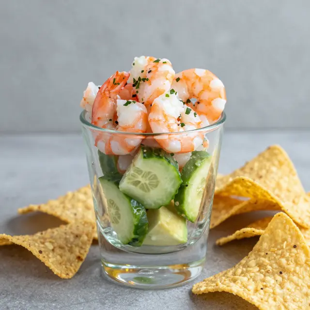 A glass cup filled with shrimp, cucumber and avocado sits next to tortilla chips on a gray surface