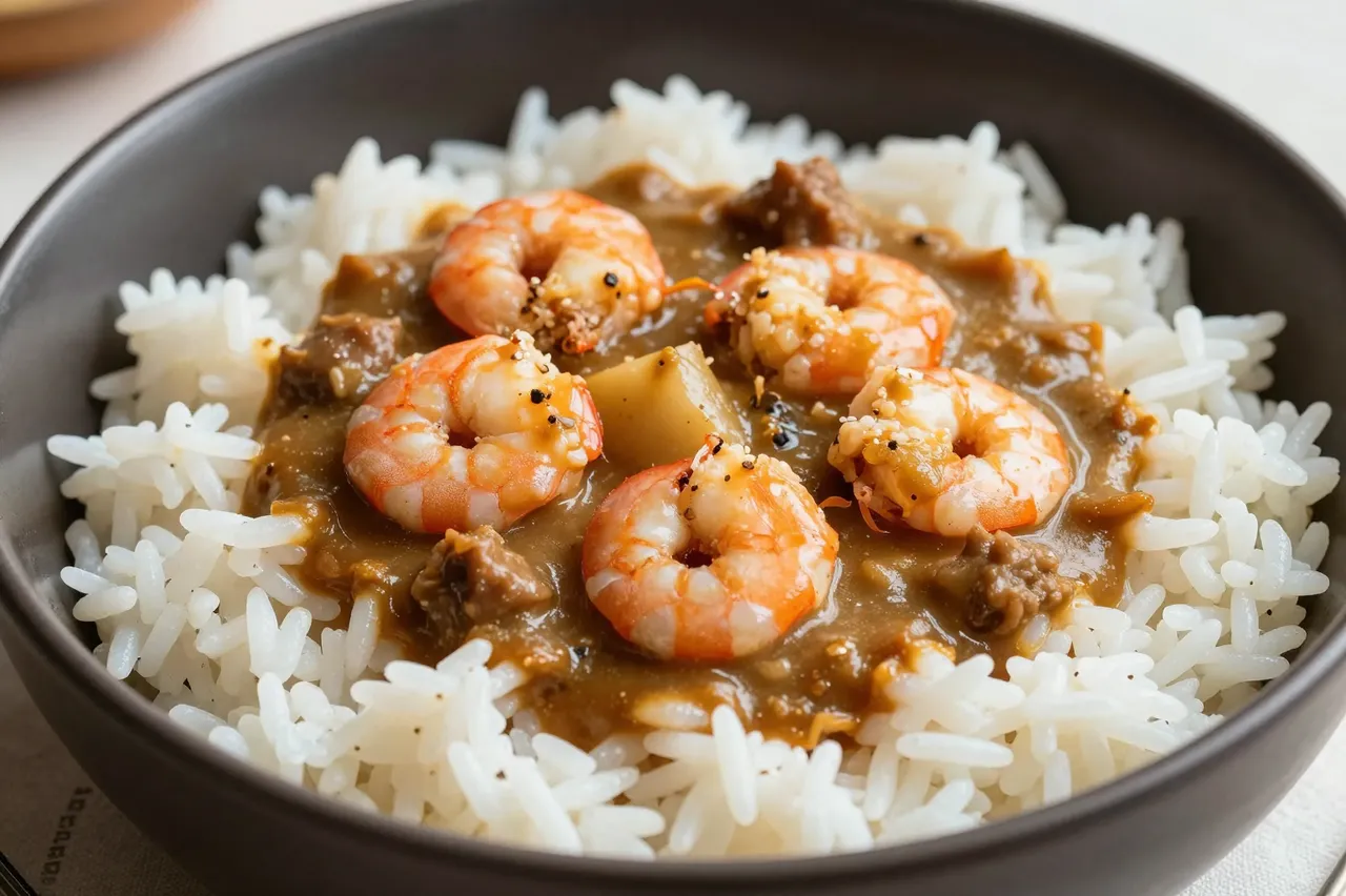 Close-up view of a dark bowl filled with white rice topped with brown gumbo sauce, cooked shrimp and meat chunks.