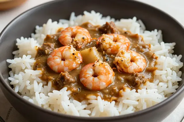 Close-up view of a dark bowl filled with white rice topped with brown gumbo sauce, cooked shrimp and meat chunks.