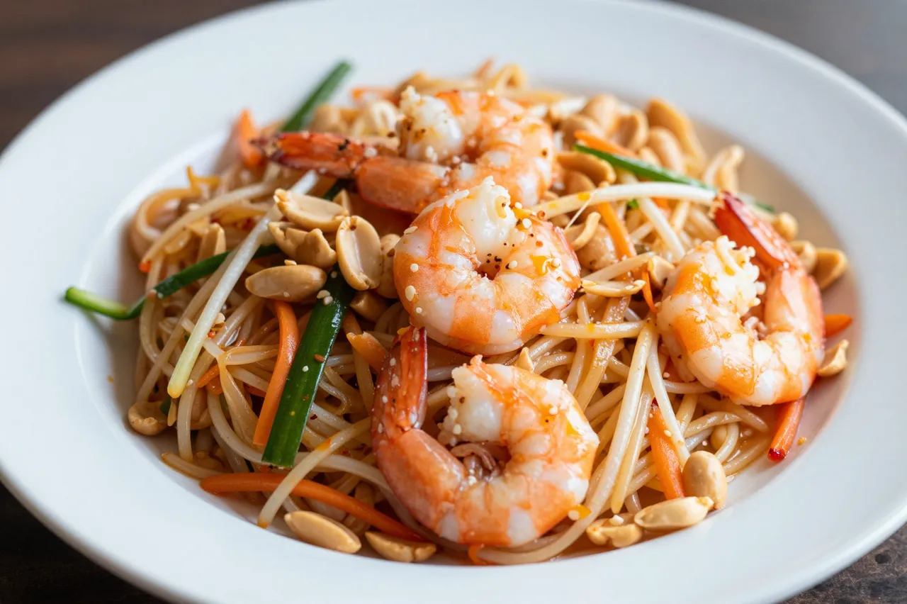 Close-up of a serving of pad thai topped with cooked shrimp, peanuts, bean sprouts and vegetables on a white plate.