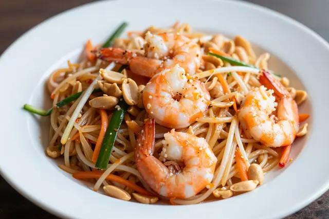 Close-up of a serving of pad thai topped with cooked shrimp, peanuts, bean sprouts and vegetables on a white plate.