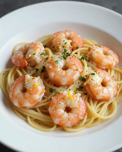 Bowl of linguine pasta topped with cooked shrimp, garlic butter, parsley and pepper