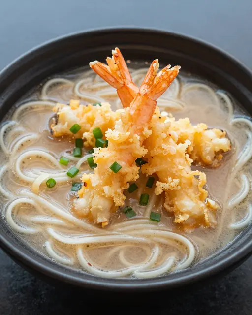 Close-up of a dark bowl of udon noodle soup topped with shrimp tempura and chopped scallions