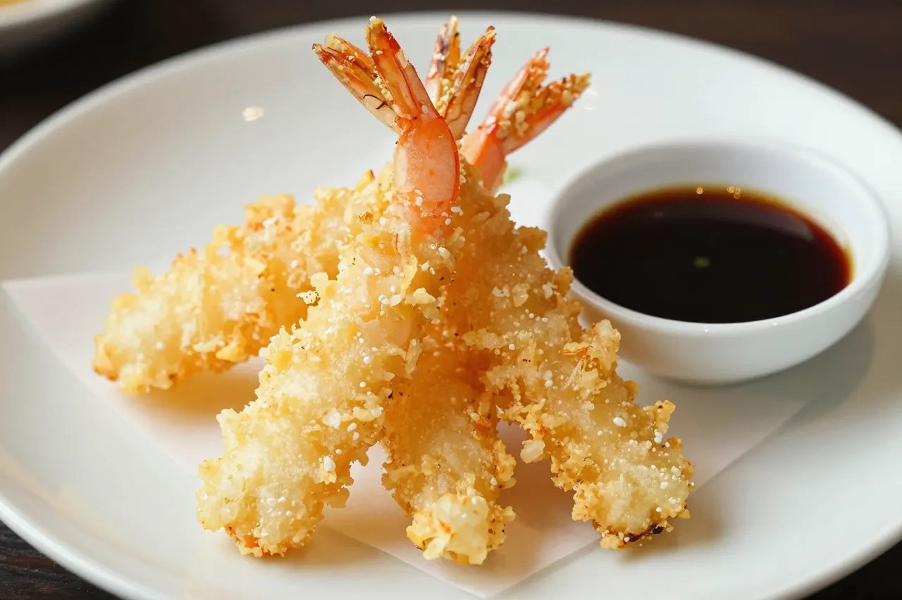 Crispy shrimp tempura stacked on a white plate next to a small bowl of dark dipping sauce