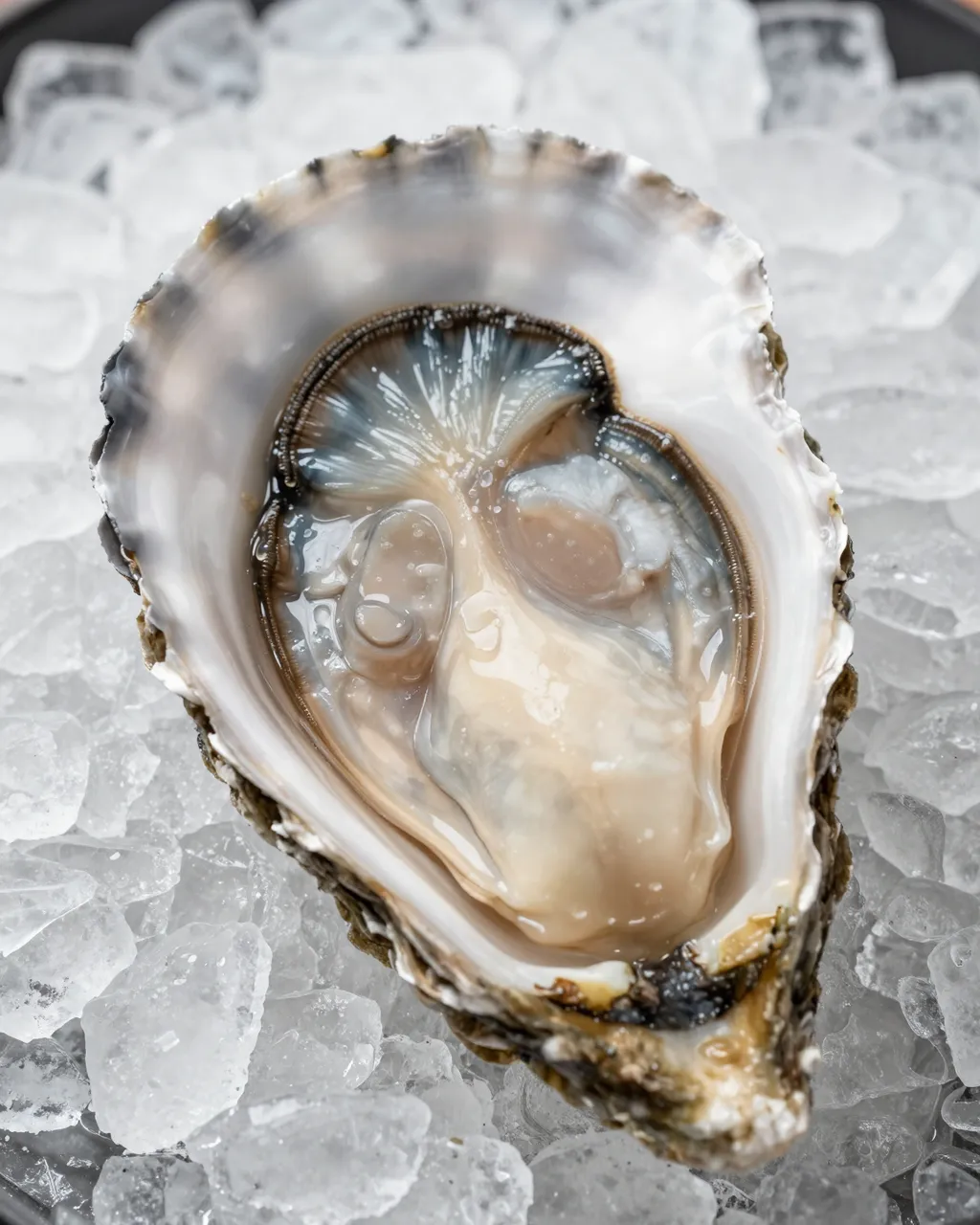 A close-up macro shot of a single glistening shucked oyster resting in its half shell on crushed ice.