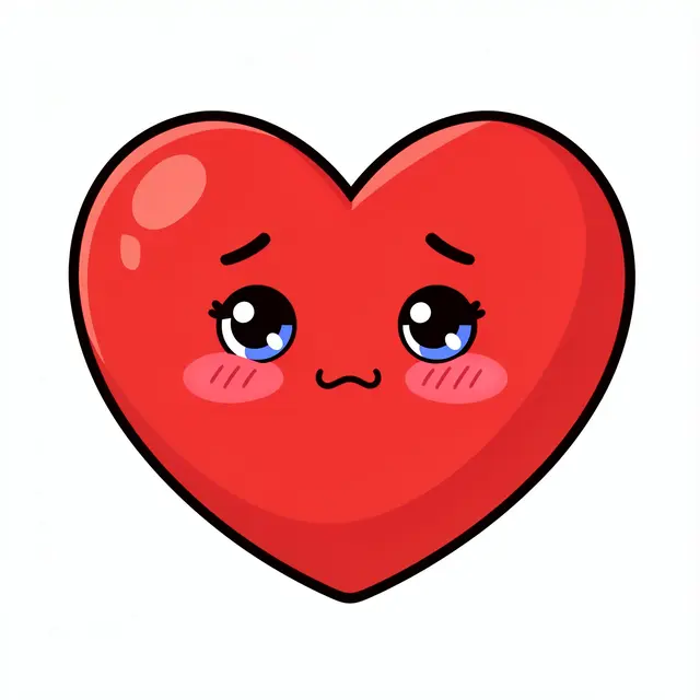 Cute plump red cartoon heart with a shy blushing face isolated on a plain white background