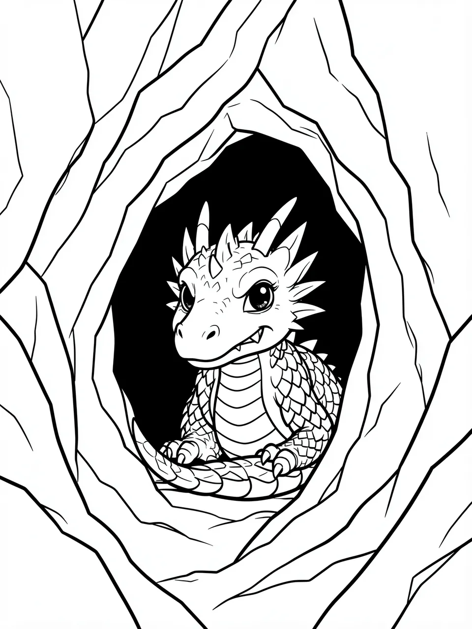 Bold black and white line art of a cute shy dragon peeking from a rocky mountain cave opening