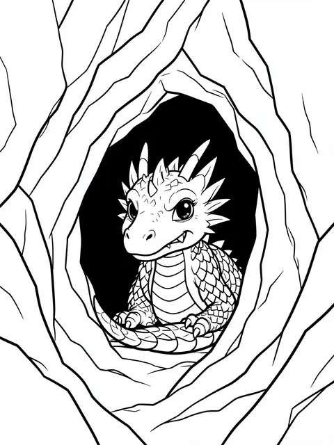 Bold black and white line art of a cute shy dragon peeking from a rocky mountain cave opening
