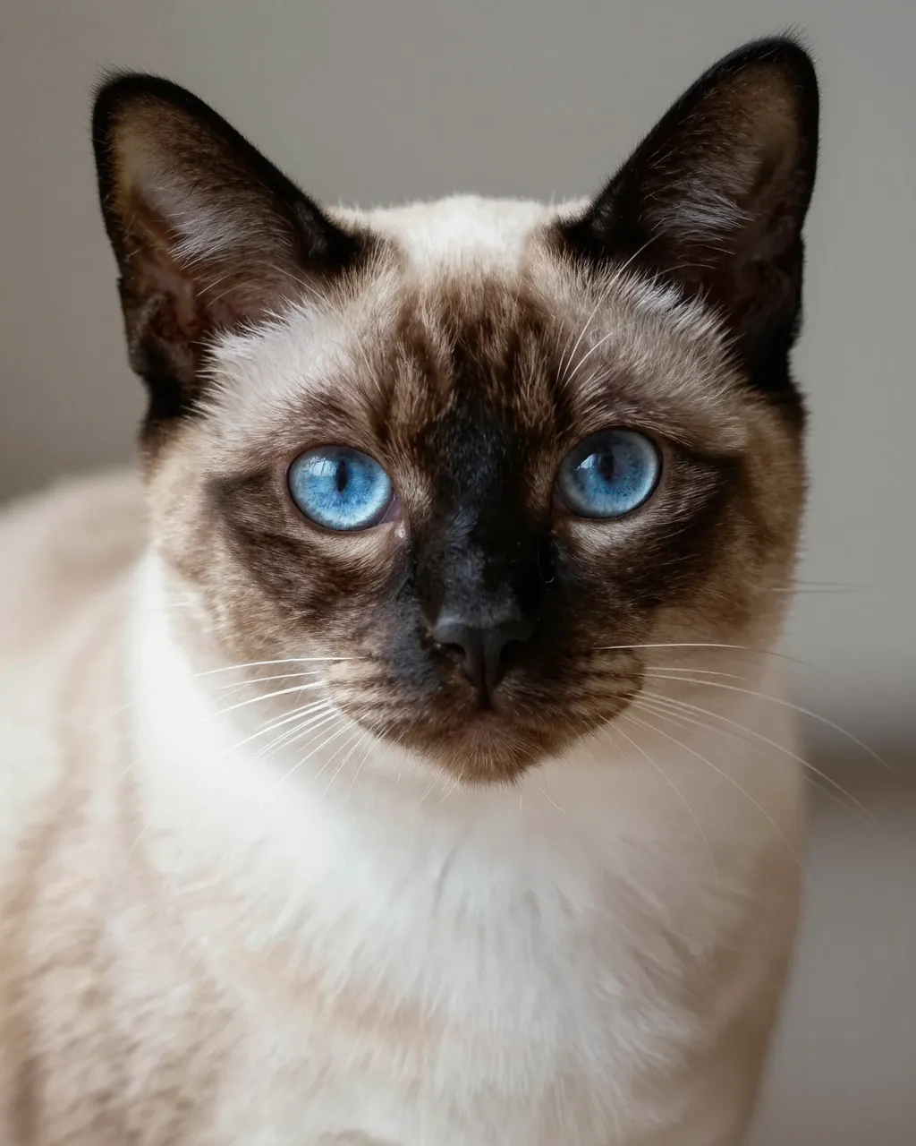 Close-up portrait of a Siamese cat with bright blue eyes looking directly at the camera