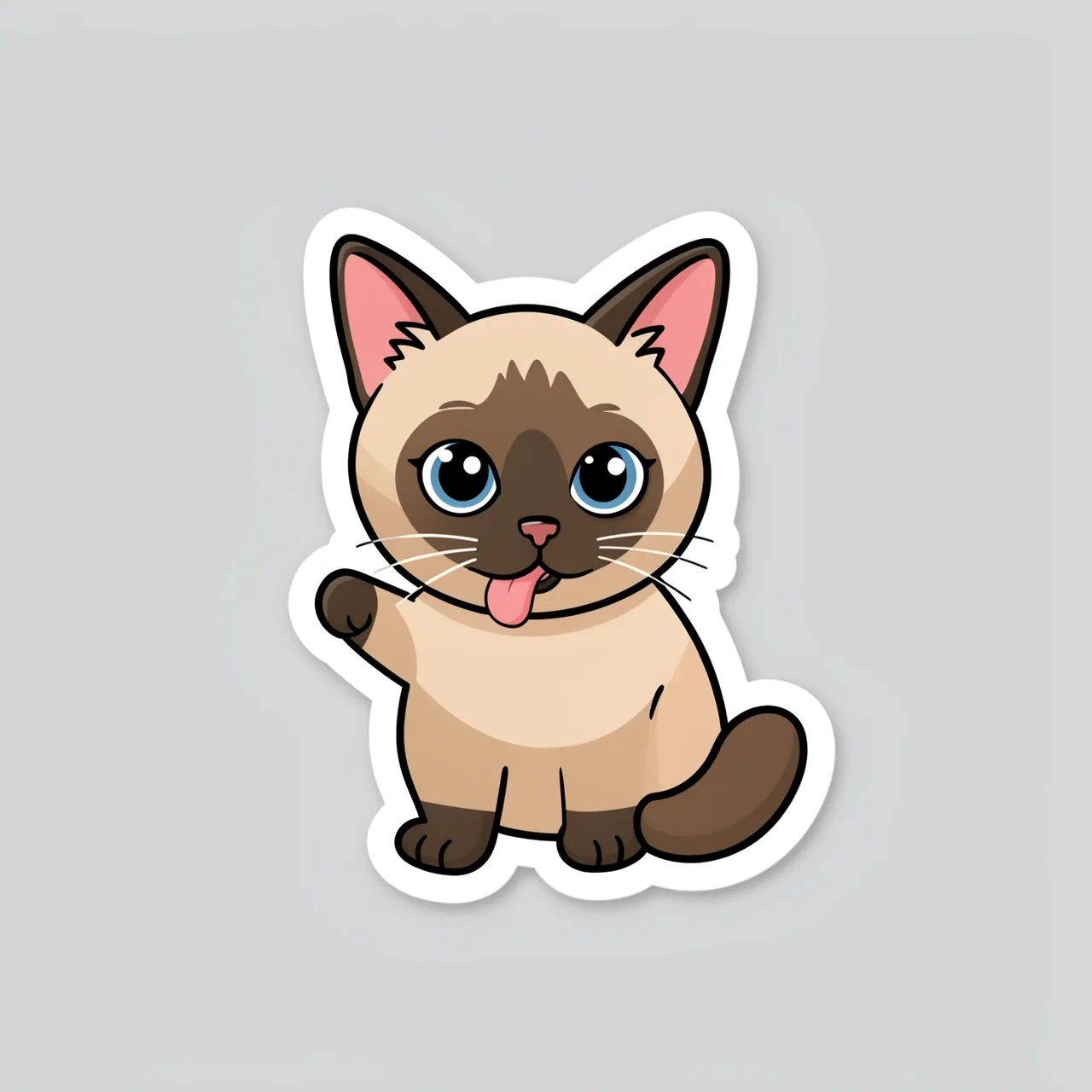 A cute die-cut sticker of a cartoon Siamese cat with a raised paw and extended tongue, framed by a thick white border on a