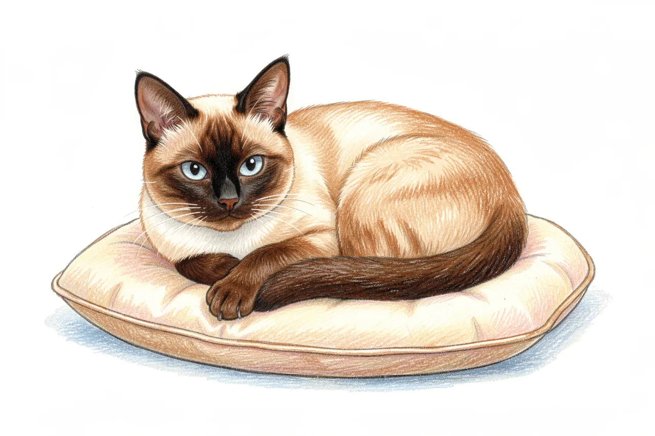 Colored pencil drawing of a Siamese cat resting curled on a soft fabric cushion against a plain white background