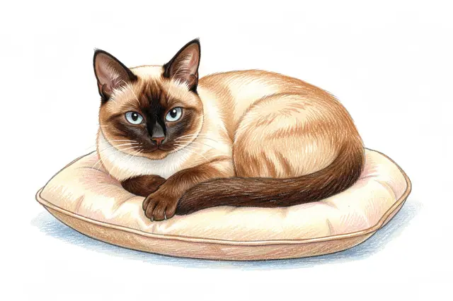 Colored pencil drawing of a Siamese cat resting curled on a soft fabric cushion against a plain white background