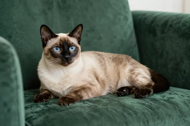 A seal point Siamese cat with bright blue eyes lounges calmly on an emerald green velvet sofa looking at the viewer
