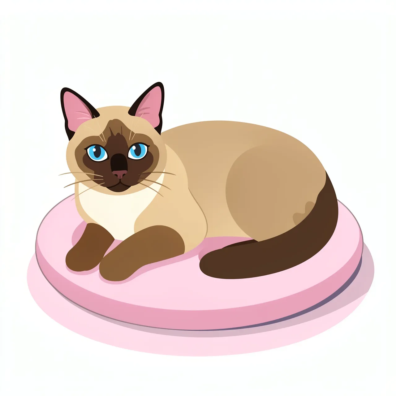 Flat vector illustration of a Siamese cat with blue eyes lying on a pastel pink round cushion
