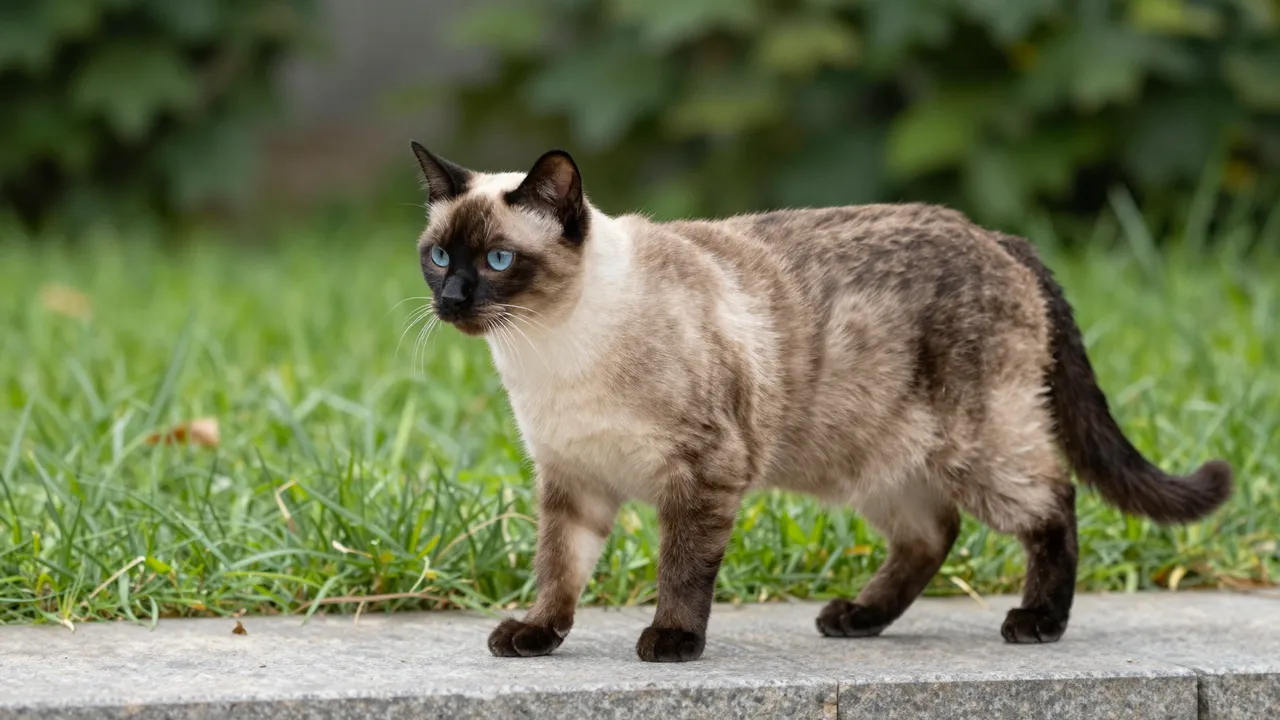 A side profile Siamese cat with blue eyes stands on a stone step beside green garden grass